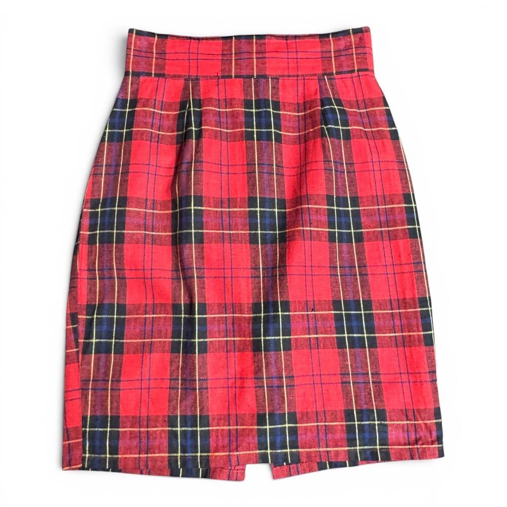 Tarazzia Vintage Ramie Cotton Knee Length Skirt Plaid Red Blue Black Yellow 7/8